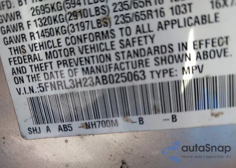 2010 Honda Odyssey Lx z USA, uszkodzony, nr VIN 5FNRL3H23AB025063